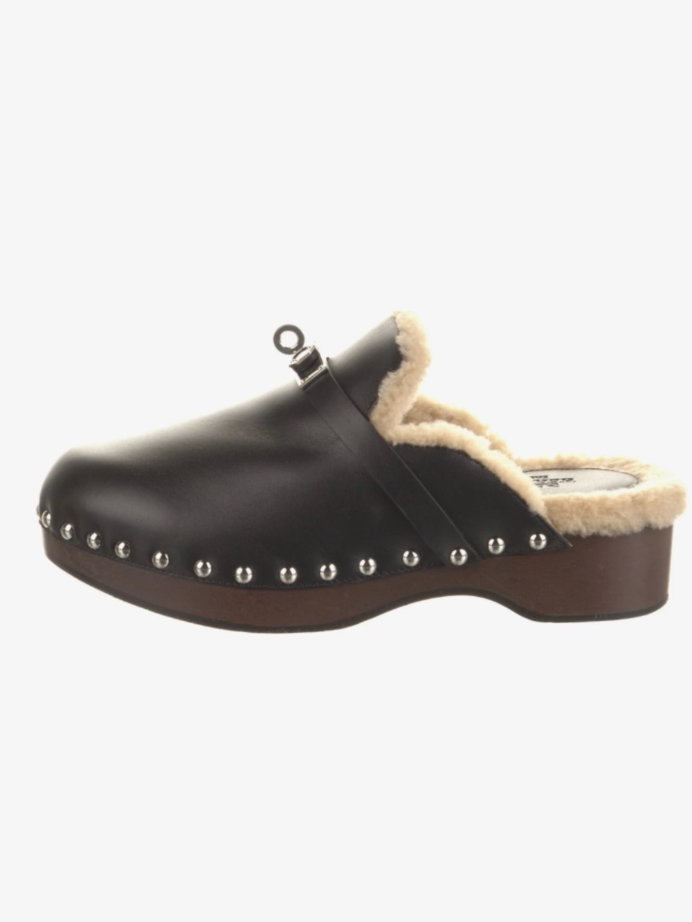Hermes Carlotta Mule Black Leather Kelly Lock Shearling Fur Clog Slide Women's 5